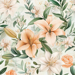 Wall Mural - A detailed floral design of small lilies and roses in pastel peach and light pink, surrounded by delicate green leaves, creating a soft and elegant pattern.