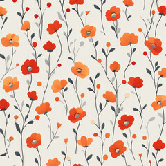 A flat design pattern of small poppies in red and orange hues, arranged in a repeating pattern on a soft light grey background, creating a fresh and vibrant floral aesthetic.