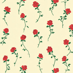 Wall Mural - A repeating flat design pattern of small red roses with green stems and leaves, scattered on a pale yellow background, for a classic and timeless floral feel.
