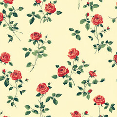 Wall Mural - A repeating flat design pattern of small red roses with green stems and leaves, scattered on a pale yellow background, for a classic and timeless floral feel.