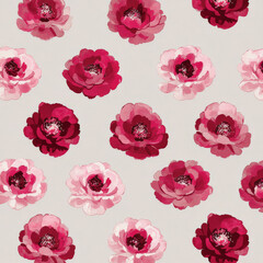 Wall Mural - A repeating pattern of small flat peonies in pink and red hues, evenly spaced on a soft light grey background, for an elegant and timeless floral aesthetic.