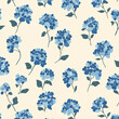 © AI_images - A seamless flat design pattern of tiny blue hydrangea flowers, scattered across a soft cream background, creating a calm and sophisticated look.