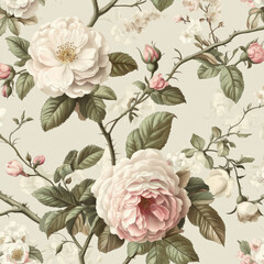 Wall Mural - A soft-tone floral pattern featuring delicate cherry blossoms and roses in shades of light pink and white, with finely detailed green leaves and stems.