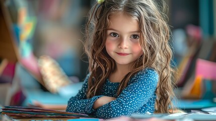 A young girl with long brown hair sits at a table with her arms crossed, looking directly at the camera with a smile.