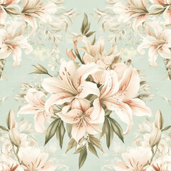 Wall Mural - A soft-toned floral design featuring detailed lilies and roses in shades of blush and cream, with subtle mint green leaves, arranged in a symmetrical, elegant pattern.