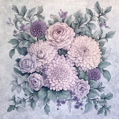 Wall Mural - Detailed chrysanthemums and roses in pale pink and light lavender tones, intricately placed with soft green leaves and vines, creating a tranquil floral design.