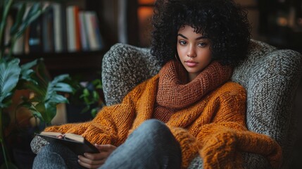 A young woman in a warm sweater sits in a cozy armchair, holding a book.