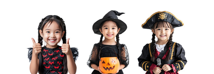 Wall Mural - Ideal photo set collection of a cute Asian girl in Halloween costumes: vampire, witch, and pirate for banners and social media, Isolated on Transparent Background, PNG