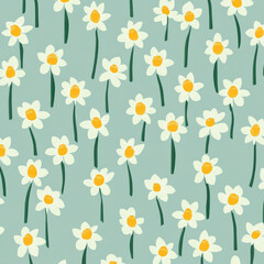 Wall Mural - Tiny flat design daffodils in yellow and white hues, arranged in a repeating pattern on a light mint green background, creating a fresh springtime look.