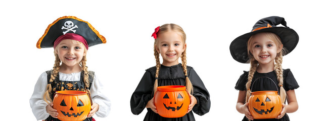 Wall Mural - Ideal for banners and social media: set collection of a cute blonde girl in Halloween costumes - vampire, witch, and pirate, Isolated on Transparent Background, PNG