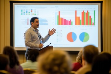Aufkleber - An expert stands confidently at a conference, delivering a compelling presentation with colorful charts displayed on a large screen. Generative AI