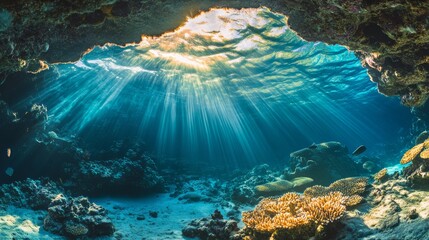 Wall Mural - Sunlight streams through the natural opening of an underwater cave, illuminating vibrant coral and marine life beneath the ocean's surface