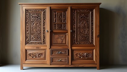 Intricately Carved Dark Wood Cabinet with Traditional Two-Door Design