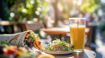 Wall Mural - Healthy Outdoor Lunch with Vegetarian Wrap and Juice