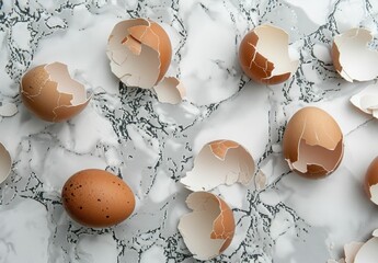 Wall Mural - cracked eggshells, broken eggs, eggs on marble background, fresh eggs, natural food, food preparation, culinary concept, kitchen decor, rustic style, raw ingredients