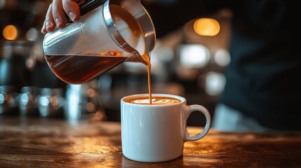 Sticker - Barista pouring coffee into a white mug with latte art.