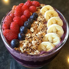 Wall Mural - A bowl of fruit with blueberries, bananas, and raspberries