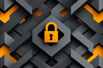 Wall Mural - yellow padlock embedded in a geometric pattern with dark shapes and orange accents symbolizing encry