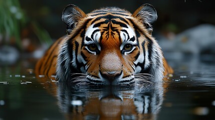 Poster - Majestic Tiger in Water Reflection: A Close-Up Portrait