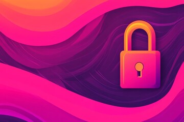 Sticker - Pink and orange padlock on vibrant wavy background symbolizing online privacy encryption and data protection in a dynamic abstract digital setting