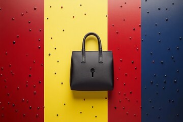 Wall Mural - black and yellow padlock on a textured surface with primary color backgrounds symbolizing encryption
