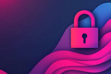 Wall Mural - neon pink lock set against a colorful abstract wavy background symbolizing online security encryptio