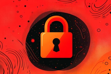 Wall Mural - red glowing padlock on a swirling black and orange abstract background symbolizing encryption privac