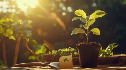 Wall Mural - Seedling growing in sunlight on wooden table