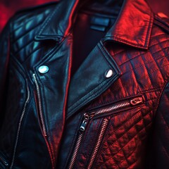 Close-up of a black leather jacket with a quilted design and silver zippers, illuminated by red and blue lights.