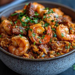 Canvas Print - Close-up of a bowl of Jambalaya with shrimp and sausage, garnished with parsley.