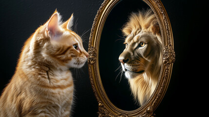 The cat sees the lion in his reflection in the mirror