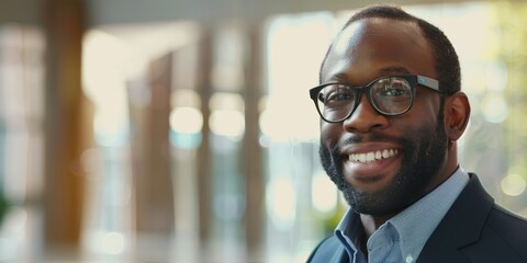 Portrait of a cheerful professional man in an office setting, smiling while wearing glasses, suitable for a corporate workplace banner