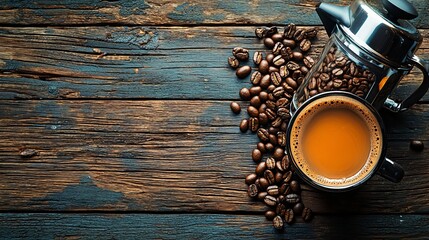 Sticker - Coffee cup, beans, and French press on a wooden table.