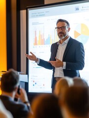 Aufkleber - An expert confidently delivers a presentation at a conference, highlighting colorful charts and graphs displayed on a large screen. Generative AI