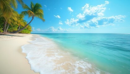 Wall Mural - Beach vacation with palm trees, white sand, and crystal-clear water, tropical paradise, wide shot, vibrant colors