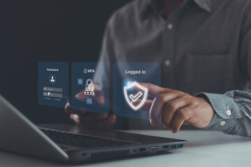 Aufkleber - Multi factor authentication MFA method using mobile smartphone and laptop to protect data account on internet data security concept, computer technology icon. cyber security in two-step verification