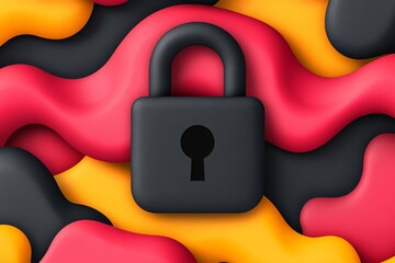 Wall Mural - black padlock over red and yellow abstract waves symbolizing encryption data protection and online s