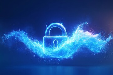 Poster - Neon glowing padlock with electric blue currents symbolizing encryption data security and online protection in a futuristic high tech design