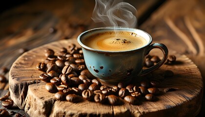 Steaming Coffee Cup with Scattered Beans on Rustic Wood Board, Capturing Aroma and Warmth