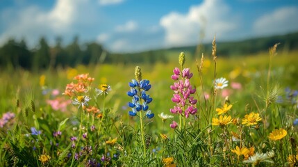 Colorful wildflowers in a field with a blue sky and white clouds.