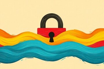 Sticker - Cartoon style black padlock nestled between colorful waves symbolizing data protection encryption and privacy in a playful design