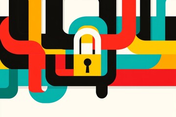 Sticker - Geometric abstract padlock integrated into colorful pipes representing data encryption security and protection in a creative digital landscape