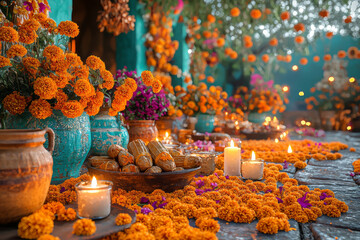 Wall Mural - an intricately designed ofrenda with candles, marigolds, photos, and traditional food like tamales a