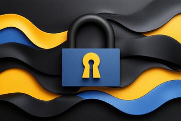 Wall Mural - Abstract blue padlock design floating among black and yellow waves representing encryption data security and protection in a creative modern landscape