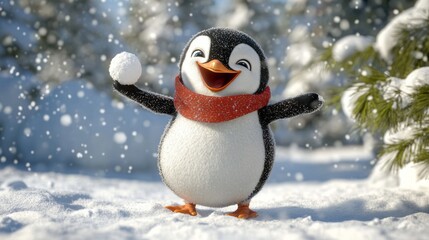 Cute funny penguin in red scarf and scarf on snow outdoors