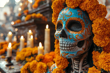 Canvas Print - A traditional face-painted sugar skull (Catrina) figure standing in front of an altar covered with marigolds, candles, and offerings.