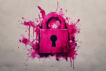 Canvas Print - Splattered pink paint forming a bold padlock on a textured background representing encryption data security and digital protection in a creative artistic expression