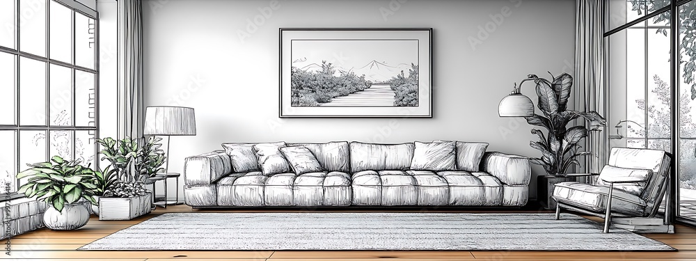 Line interior home art room design illustration outline sketch ...