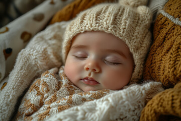 Canvas Print - A newborn baby sleeping peacefully, swaddled in a soft blanket with a tiny knitted hat on.