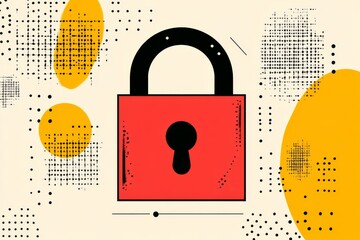 Wall Mural - red padlock integrated into a minimalistic black and yellow design with abstract elements symbolizin